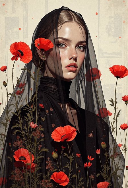 A hyper-realistic digital portrait of a woman with a serene, contemplative expression, her figure elegantly draped in a sheer, black veil that partially obscures her face and body, adding an aura of mystery. She stands against a pale, neutral background with vibrant Aztec patterns that highlights her light, almost translucent skin and slicked-back hair, amplifying the ethereal quality of her presence. Her attire is a dark, high-necked dress adorned with vivid red poppies, their petals rendered in a semi-transparent, ghostly manner that blends seamlessly with the flowing veil. The poppies' stems and leaves extend organically toward the viewer, as if bridging the divide between fashion and nature. Soft, diffused lighting envelops the scene, casting a delicate, hazy glow that enhances the dreamlike quality. The veil's delicate texture, the fine detailing of the dress, and the vibrant contrast of the poppies against the subdued palette create a harmonious fusion of surrealism and high fashion, resulting in an emotionally evocative, visually striking composition. HD, 8K quality, ultra-detailed, masterpiece artwork, flawless anatomy.