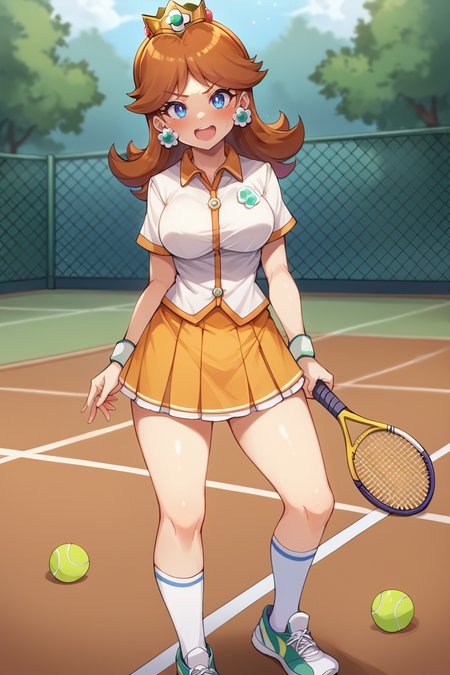 score_9, score_8_up, score_7_up, BREAK,  <lora:hotmelon-guy-PONYv1:1>, 1girl, breasts, princess daisy, tennis uniform, skirt, shirt, hat, tennis court, outdoors, tennis racket, tennis ball,