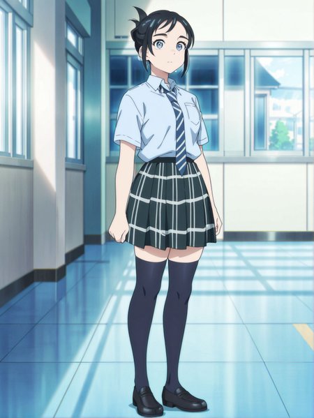 masterpiece, best quality, newest, absurdres, highres, detailed eyes, beautiful, detailed background, perfect eyes, anime coloring, anime screencap,
<lora:isaki magari:1> isaki_magari, 
detailed background, full body,  black hair, short hair, folded ponytail, blue eyes, school uniform, collared shirt, striped necktie, plaid skirt, thighhighs,