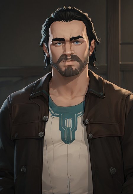Vander, arcane,beard,male focus,facial hair,solo,black hair,jacket,upper body,shirt,short hai,blue eyes,detail face