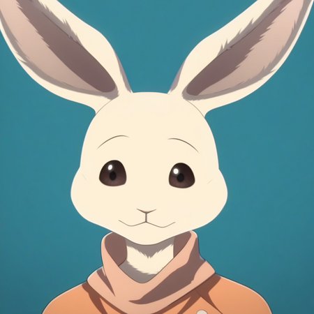 score_9, score_8_up, score_7_up, masterpiece, best quality, highly detailed, realistic, HaruS3, long sleeves, 1girl, solo, furry, anthro, lagomorph, female rabbit, pink inner ear, black eyebrows, thin eyebrows, brown sclera, black eyes, glistening eyes, white body, white fur, clothed, orange shirt, orange topwear, smile, looking at viewer, closed mouth, blue background, simple background, upper body, close-up