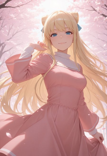masterpiece,best quality,absurdres,highres,very aesthetic,high quality,detailed,insanely detailed,beautiful,perfect lighting, looking at viewer, looking at viewer, smile, , happy, outdoors, petals, sakura trees, lens flare, sun rays, looking at viewer, dutch angle, dynamic pose
 <lora:Laura Stuart Illu:1> 1girl, blonde hair, long hair, blue eyes,double bun, hair bun, pink dress, long sleeves, ,