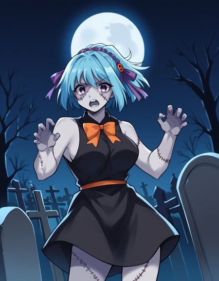 score_9, score_8_up, score_7_up, source_anime, <lora:kurumu-kurono-s2-ponyxl-lora-nochekaiser:1>, kurumu kurono, short hair, blue hair, purple eyes, ponytail, ribbon, hair ribbon, hair ornament, large breasts,, <lora:zombie-ponyxl-lora-nochekaiser:1>, zombie, colored skin, stitches, grey skin, multicolored skin, stitched face, zombie pose, halloween, halloween costume,, night, moon, graveyard, tombstone, grave, open mouth, , dutch angle, cowboy shot
