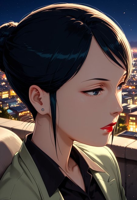 masterpiece, best quality, newest, absurdres, CG, anime, source anime, illustration, very aesthetic, high resolution, ultra-detailed, newest, scenery, medium depth of field, rule of thirds, masterpiece-level, clean lines, sharp, focused subject
1girl, solo, AtsukoChiba, 1girl, black hair, lipstick, red lips, hair bun, earrings,
collared shirt,black shirt, green jacket, 
closeup to face, expressionless, portrait, outside border
outdoors, night city view
cinematic angle, detailed background, beautiful background, (rays light:1.0),(grow:1.0), light particles, motion lines, from both sides