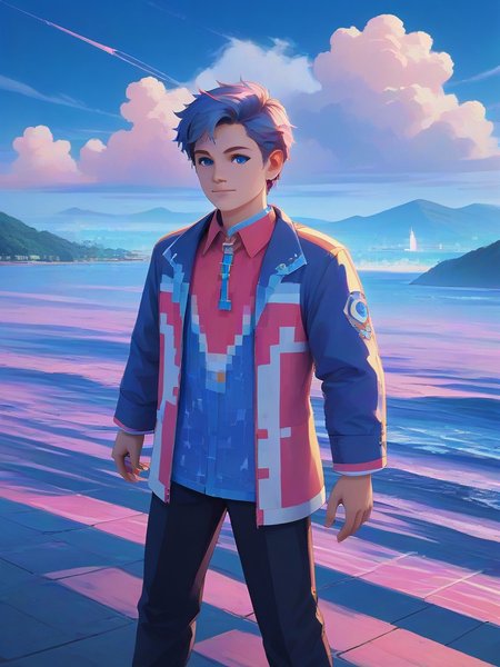 a representative feather, Hyperrealism, a witty waterfalls, matte painting, a vanishing thorn, synthwave, 1boy, solo, colourful, technoblade, score_9, score_8_up, score_7_up, masterpiece, best quality, very aesthetic