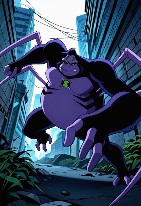 masterpiece, best quality, amazing quality, very aesthetic, absurdres, newest,, detailed background, 
ultspidmon, no humans, solo, fangs, monster, extra eyes, green eyes, pokemon (creature), arthropod limbs, purple face,
destroyed city, spider legs, massive arms, incoming punch, overgrown city, vegetation, spider webs, large spider webs,