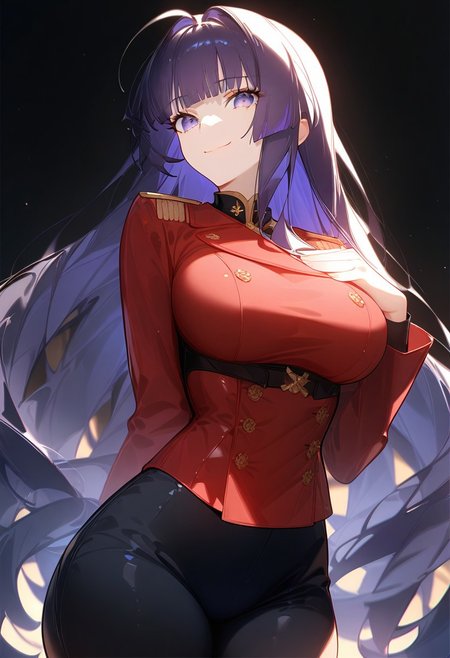 (score_9, score_8_up, score_7_up, source_anime) (masterpiece:1.2, best quality), (finely detailed eyes: 1.2) (ultra-detailed, hires), (detailed face, detailed eyes), (best illumination), detailed glow, high contrast, looking at viewer, ((solo)), emotionless, smile, squinted eyes, closed mouth, 1girl, solo, (large breasts, thin waist, wide hips), raiden_mei, ((dark_purple hair)), indigo eyes, long hair, blunt bangs, ((red peacoat, closed peacoat, black trousers)), face shot, cowboy shot, no background, empty background, (masterpiece, best quality, very aesthetic, absurdres), (ultra detailed perfect piece:1.2), illustration, masterpiece, (extremely detailed CG 8k), (very fine 8K CG), <lora:add-detail-xl:-1>