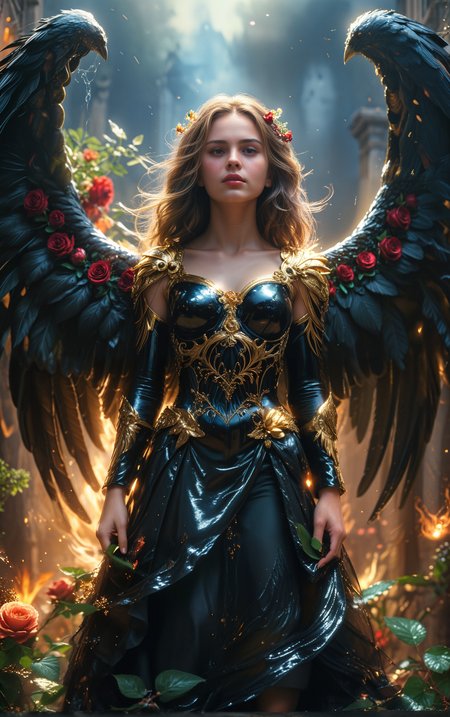 Archangel with big wings, (masterpiece,best quality,ultra-detailed, absurdres),((film still,movie still)),photograph,volumetric lighting,Slow Shutter Speed,Primitivism,RAW photo,ultra-sharp focus,internationally-acclaimed photograph,ambient atmosphere,ambient, pale complexion,film grain texture,analog photography aesthetic,visual storytelling,dynamic composition,high gloss,extremely beautiful skin,natural skin texture,(shiny skin:1.4), 1girl,huge skirt,black dress,everywhere black roses,black rose,flowers,black flowers,the black cloud,exterior,depth of field,top view angle,,undefined