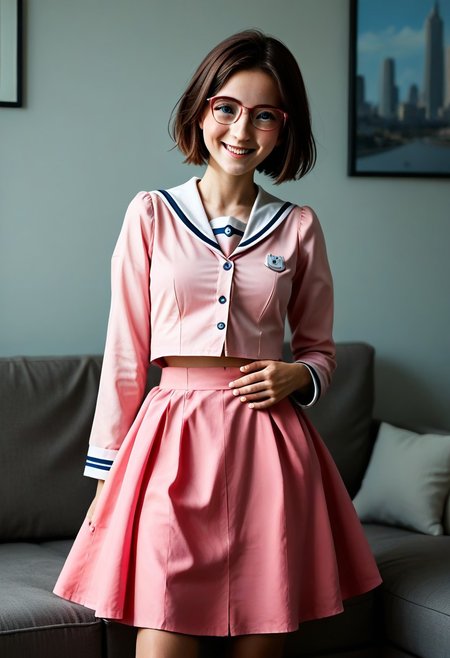 score_9,score_8_up,score_7_up,best quality, 4k, rating_safe, very aesthetic, 1girl, kousaka chinaBB, short hair, pink dress, pink skirt, long sleeves, white sailor collar, hand on stomach, seductive smile, on sofa, solo focus, abdomen, peeping, realistic, photorealistic, photograph, photography, cinematic, highly detailed, y0uthful, stvmccrr style, Freckles