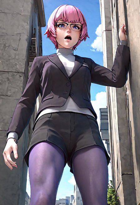 <lora:sdxl_lightning_8step_lora:1> <lora:Fixhands_anime_bdsqlsz_V1:1>score_9, score_8_up, score_7_up, source_anime, intricate details, perfect anatomy BREAK
1girl, solo, gis-esakipurin, pink hair, short hair, purple eyes, black-framed eyewear, black jacket, black shorts, gis-esakipurin outfit, purple pantyhose, black boots,
from below, legs apart, Disgusted, A wrinkled nose, raised upper lip, and a slightly open mouth., outdoors, 
<lora:gis-esakipurin_XL(pony)fix:0.9>