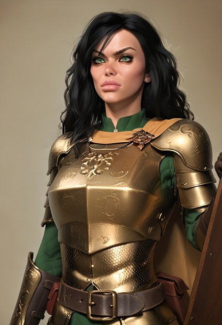 score_9, score_8_up, score_7_up, score_6_up, AOJaguarstyle, rating_explicit, solo focus, cowboy shot, portrait, view from front, upper body focus, 1girl, Pr1ncess_Lara, black hair, long hair, green eyes, armor, chainmail, breastplate, shield, boots, gloves, small breasts, determined expression, cape, belt, necklace, leather,
