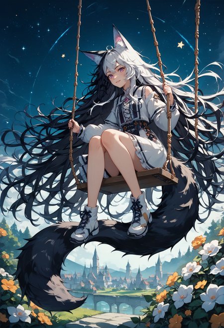 score_9, score_8_up, score_7_up, best quapoty, highres, absurdres, source_anime, 1girl, nemu, tail, <lora:Nemu_One_Of_My_AI_Dungeon:0.8>, Seated on a swing under a starry night sky, she dreams of distant galaxies and celestial wonders