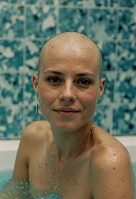 Vibrant Colorful Realistic analog photo, very detailed, hyper detailed, photorealistic, uhd, 4k, a moody Face Closeup of a freckled Busty naked bedouin woman, turquoise golden/marble white tiles at the Wall, Realistic analog photo, awesome, high Quality, naked full body 35mm photograph of an freckled woman with a smooth bald head, large sagging breasts, genuine loving smile, big brown eyes, detailed eyebrows, eye lashes, cozy dimly lit, candid shot, high contrast, intricately detailed real skin, photorealistic, atmospheric lighting, volumetric lighting, cinematic, Epic Film Quality. intricately royal, stunning detailed, bathing room, Crystal turquoise water, bubbles foaming, Misty atmosphere, dense fog from the hot water