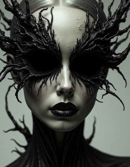 abstract portrait of a corrupted female outerworldly creature, mind magic, black marble eyes without pupils, fangs, mind explosion,
