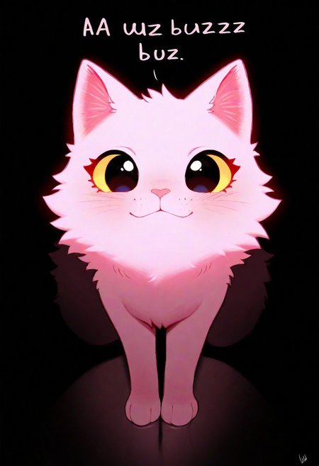 masterpiece, best quality, good quality, very aesthetic, absurdres, newest, a cute cat, large healthy moist eyes, pink fur, uwu, (((a text says "buzz pleawse"))), (text:1) text in center,