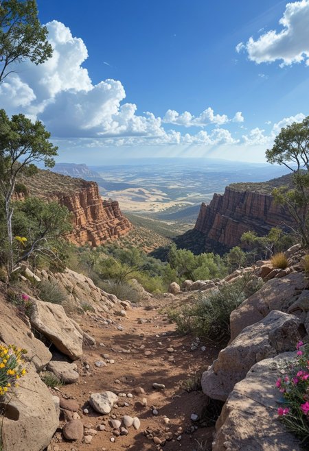 a vibrant colorful photo of footway through a forest.
 outdoors, desert, rocks, Location , Scenery , Cloud