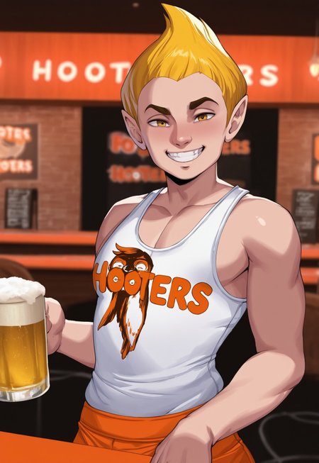 masterpiece, best quality, amazing quality,  byazura, 1boy, man, hooters outfit, holding beer, hooters restaurant background, grin