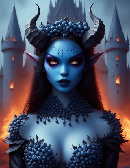 best quality, highly detailed, fashion photography, solo, skinny fashion cute ,ultra realistic photo, blueberrym0rph of a cute demon woman, castle horror background, glow fire, <lora:Blueberry_World_Morph:1.0>,  <lora:add-detail-xl:0.8>