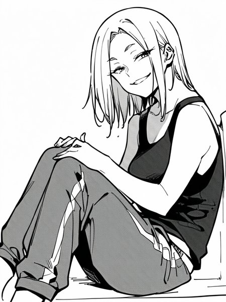 score_9, score_8_up, score_7_up,  
1girl,  monochrome, Kanako young, white hair, medium hair, parted bangs, medium breasts,


sitting, from side, knees to chest, white background, smile, narrowed eyes, naughty face, looking at viewer, tank top, track pants,