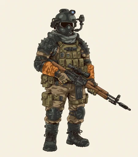 masterpiece, best quality, amazing quality, <lora:Style_v1_buns:1> 5tyl3v1, solo, simple background, no humans, full body, Arms Dealer, rugged wear, cargo pants, in warehouse, rifle, masterpiece, best quality, amazing quality