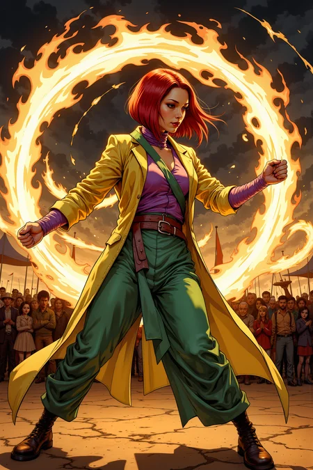 An Asian woman with a sleek, straight bob dyed a deep crimson twirls two blazing fire poi in perfect synchronization. Her green,yellow,silver and violet attire, sharp and tailored, remains pristine despite the trails of fire whipping dangerously close. The warm glow reflects off her pale skin and sharp jawline as a crowd of festival-goers watches in amazement. Her expression remains perfectly neutral, as if calculating the exact arc of each movement rather than engaging in a daring performance.<lora:Dorota_Pietrowiak:0.3> Portrait by Dorota Pietrowiak <lora:Comic book V2:0.8> High-contrast illustration