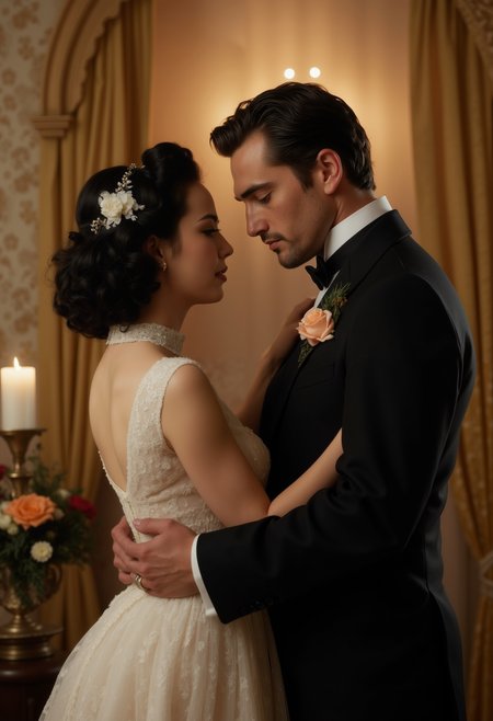 A stylized scene inspired by the iconic 1939 film "Gone with the Wind". The Bride, a woman with short, curled black hair with white streaks on the side, is adorned in a white wedding dress with a high-necked collar and a string of flowers in her hair, facing left and making eye contact with him. He appears as a tall figure with a stern look and chapped lips, dressed in a dark dapper suit. They are closely positioned in a dimly lit, romantic room, with an arch of golden cloth in the background and patterned wallpaper Gothic elements include white candles and candelabras, along with light green plants. Vibrancy is added by the presence of orange flowers with gold centers and dark red flowers in the scene. The classic and intimate ambiance is highlighted by soft illumination, evoking warmth, elegance, nostalgia, and a touch of natural vitality.