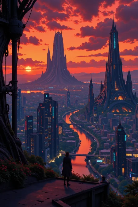 a futuristic sci-fi fantastic cyberpunk city beautiful  landscape, dusk, woman, very intricate, very detailed, sharp, bright, colorful, <lora:Hand v2:0.5> <lora:Anti-Blur:1><lora:Insane Detail Slider:0.25>  <lora:flux.1_lora_flyway_Epic-detail_v2:0.3> <lora:fluxenhancer:0.25> <lora:Anime_style:0.6> anime style