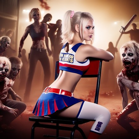 cinematic photo cinematic photo a full body blonde cheerleader with two curled-point ponytails sitting reversed on a chair surrounded by zombies, text ''san romero knight'', college, chainsaw,  blood splashes <lora:JuiletStarling1024:0.8> . 35mm photograph, film, bokeh, professional, 4k, highly detailed . 35mm photograph, film, bokeh, professional, 4k, highly detailed