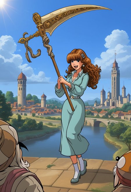 happy girl, random_combat_action_pose, scythe (4K4BUR5TYL3)