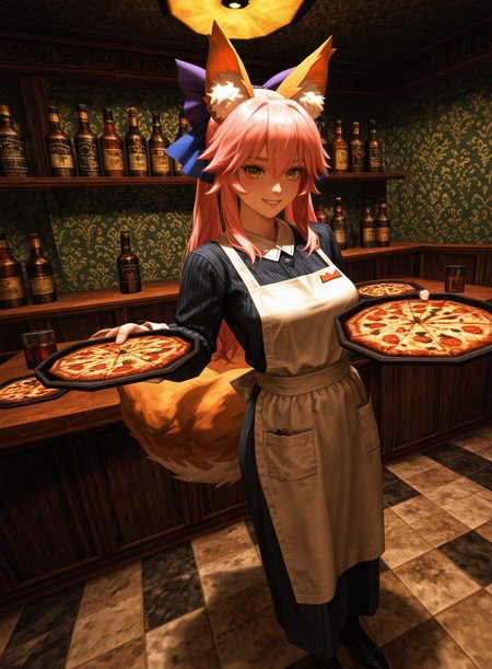 kingpin, realistic, masterpiece, best quality, amazing quality, very aesthetic, absurdres, newest, (tamamo_no_mae_\(fate\):1.2), full_body, chef_uniform, (holding_tray:1.2), (pizza:1.2), (fancy_restaurant:1.2), art_deco_interior, luxury_interior, marble_floor, golden_lighting, warm_lighting, detailed_background, elegant_setting, confident_pose, smiling, fox_ears, pink_hair, long_hair, tail, dynamic_angle, ornate_furniture, standing, cinematic_lighting, soft_shadows, upscale_mood, ambient_occlusion, white_apron, food_service,  <lora:Kingpin_-_Life_of_Crime_Style_E17_DIM16_ILXL_V1.2:1>.  <lora:dmd2_sdxl_4step_lora:1>