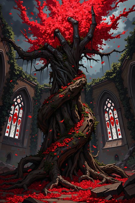 A chaotic explosion of crimson petals rains down like a storm, each petal looking almost like a drop of blood against a blackened, stormy sky. A single, thorn-covered vine spirals upward from the ground, twisting into the shape of a skeletal hand reaching toward the heavens. The backdrop features a ruined cathedral, overtaken by massive roots and ivy, its stained-glass windows shattered, letting in an eerie, ghostly light.  <lora:XRSTYLE_FLUX:0.5><lora:RetroAnimeFluxV1:0.4><lora:MoriiMee_Gothic_Niji_Style_FLUX:0.3>