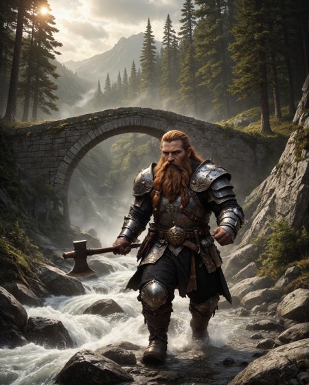 The scene depicts a fierce dwarven warrior charging forward across an ancient stone bridge spanning a roaring river. The bridge, constructed from weathered gray stone blocks, stretches confidently over the rushing waters, its solid construction emphasizing medieval craftsmanship. The river below churns with white froth, cascading over smooth rocks and weaving its way through a lush valley surrounded by a dense forest of tall pine trees. The trees' dark green foliage reaches skyward, framing the backdrop with natural grandeur, while soft sunlight filters through, bathing the setting in a warm, golden glow. In the distance, the bridge arches gracefully, suggesting depth and scale, while the surrounding wilderness exudes an untamed, magical quality.  At the forefront of the composition stands the imposing figure of the dwarf. His dynamic pose conveys both strength and urgency as he charges forward with a determined expression etched into his rugged face. His long, fiery-red beard is meticulously braided and adorned with decorative metal clasps, each braid swaying slightly with his movement. His hair, partially tied back in a warrior's knot, flows behind him, adding to the sense of motion. His expression is fierce, with piercing eyes and a furrowed brow that reflect his indomitable spirit.  The dwarf's armor is a masterpiece of craftsmanship, crafted from intricately engraved steel plates that shimmer subtly in the sunlight. Each piece of the armor is adorned with ornate patterns, including swirling motifs and faintly glowing runes, suggesting a magical or sacred quality. The shoulder plates curve outward, providing both protection and an imposing silhouette, while his gauntlets and boots are equally detailed, showcasing layers of metal and leather designed for battle. A thick leather belt secures his armor, and from it hangs a sheathed sword, the hilt gleaming with golden embellishments.  In his right hand, the dwarf wields a massive double-headed battle axe. The weapon is as imposing as its wielder, with intricate carvings etched into the gleaming steel blades. The axe handle, made of dark, reinforced wood, is tightly gripped in his powerful hand, suggesting years of experience in combat. The dwarf's forward stride on the uneven stone bridge, with his left fist clenched for balance, emphasizes his readiness for action and his confidence in battle.  The natural surroundings amplify the drama of the scene. Behind the dwarf, the forest stretches endlessly, the tall pine trees swaying gently in the breeze. Their dark trunks create vertical lines that contrast sharply with the horizontal flow of the river and the curve of the bridge. The bright sunlight filters through breaks in the trees, casting dappled shadows across the landscape and highlighting the textured surfaces of the stone bridge, armor, and rushing water. The interplay of light and shadow enhances the realism and draws attention to the details of the warrior and his environment.  Overall, the image captures a vivid moment of adventure and determination, combining elements of fantasy and realism. The dwarf, with his powerful presence, intricate armor, and flowing beard, embodies the archetype of a fearless warrior. The setting, with its lush forest, ancient bridge, and roaring river, creates a backdrop that is both serene and alive with energy, enhancing the heroic tone of the composition. This is a snapshot of a larger epic, a moment frozen in time that invites the viewer to imagine the story that lies ahead.