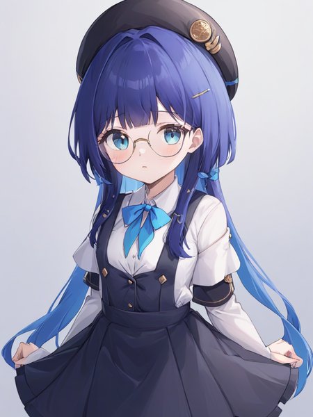 glasses,peila girl,blue hair,blue eyes,Beret,<lora:xl_peila girl-000006:0.8>,suspender skirt