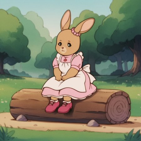 score_9, score_8_up, score_7_up, score_6_up, score_5_up, score_4_up, source_furry, PattyRabbit, anthro, female, rabbit, tan fur, pink dress, white apron, pink shoes, beaded ear ornament, sitting, outside, sitting, on a log, in a field,
