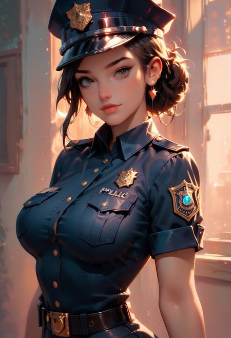 score_9, score_8_up, score_7_up, score_6_up,  1girl, gorgeous girl, kawaii girl, cute face, police officer, brunette updo, officers cap, aviators, updo, dark navy police officers uniform, (athletic:1.2), large breasts, (thin:1.2), pose , boob focus ,boob focus, (sexy pose), illustration, (mature:1.2), (angular face:1.2)