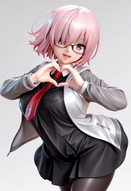 lazypos, shiny skin, (thick lips:0.9), shiny lips,  <lora:eye:0.7> HDeyes, detailed eyes,  <lora:Anime_Figure:1> anifigurestyle,
mash kyrielight, pink hair, purple eyes,  black dress, black skirt, grey jacket, red necktie, black pantyhose, black-framed eyewear, 
smile, open mouth, heart hands, dynamic pose, looking at viewer,