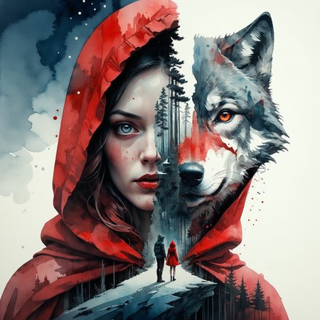 red riding hood and wolve, wonderful artistic watercolor painting by Brandon Kidwell, Andreas Lie, Dan Mountford, Dan Hillier, Conrad Roset, Erik Johansson, Yoshitaka Amano, Agnes Cecile,James Jean, Steve McCurry, intricate, mesmerizing, cinematic lighting, highly detailed, smooth, sharp focus, perfect balanced style, vivid ink, amazing depth, complementary colors, whimsical, double exposure, depth of field, split image  <lora:Double Exposure XL0.6>  <lora:Double_Exposure:0.6>