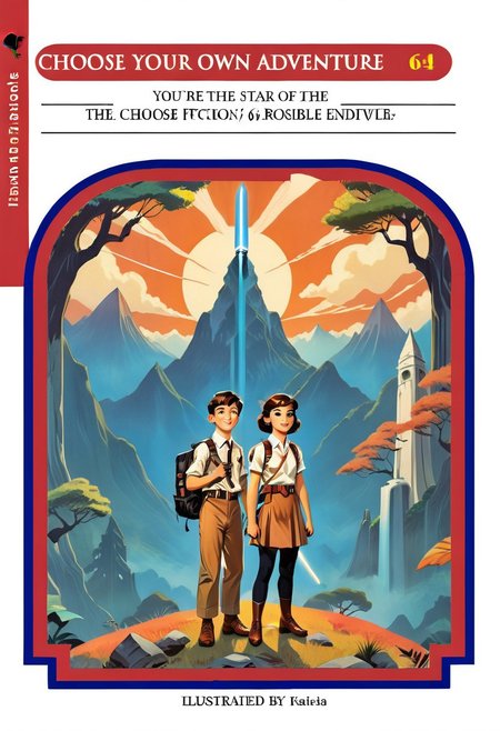 necktie, retro artstyle, tree, science fiction, holding sword, choose your own adventure, smile, backpack, mountain, 1girl, 6+boys