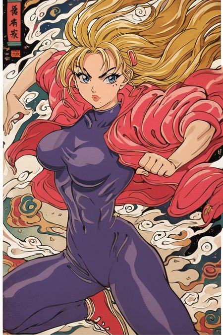 score_9, score_8_up, score_7_up, score_6_up, score_5_up, score_4_up,  <lora:Miu_Furinji-000006:0.7> , miu, blonde hair, long hair, blue eyes, mole under right eyes, slim waist, large breast,pink jacket, purple bodysuit, hairclip,<lora:traditional_Japanese_art:1>,  traditional japanese art, 1girl, solo, alone, fighting stance, masterpiece, highres