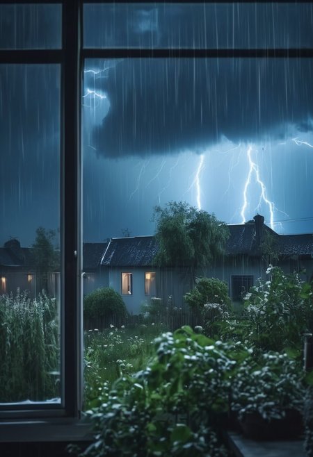 Best quality, masterpiece,
View at night thunderstorm from window village house, village outside and plants under strikes of strong wind, wrath of nature
