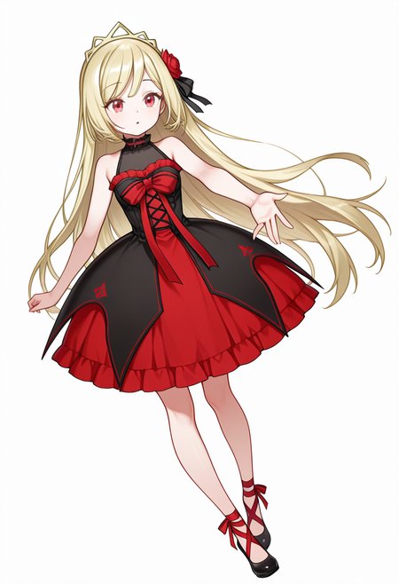 Smooth Quality,masterpiece,very intricate, high quality details, ultra realistic, high detailed skin,detailed enviorement,absurdres,
reaching,
 <lora:Ecute_CNR:0.8> ecute_cnr, 1girl, blonde hair, very long hair, red eyes, bare shoulders, black dress, sleeveless dress,  gothic fashion,tiara, hair flower,black footwear,, simple background, white background, dutch angle,solo,, excited,
