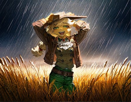 applejack , 1girl, blonde_hair , cloud ,colored_skin, furry, furry_female, long_hair,orange_skin ,outdoors, personification , solo, , wheat_field,Straw ,dot_nose, freckles, green_eyes , medium breast,
green_pants, jacket,long_hair, official_alternate_costume, open_jacket, pants, single_braid, yellow_shirt,adapted_costume , braid ,brooch ,brown_belt, brown_hat, brown_jacket, buttons, cowboy_hat ,detached_collar, knee_boots,  windy,  looking at viewer, rain, raining, storm, laughing , happy,dynamic pose, arms up, 
rella, rolua,  quasarcake:0.8, negative space,  very awa,
masterpiece, best quality, Good quality, very aesthetic, absurdres, newest, (Perfect details),
<lora:ponyv5_noobV065S_1_adamW:0.8>, <lora:illustrious_noobai_epsilon_pred_1_best_quality_v1:0.7> ,<lora:illustrious_noobai_epsilon_pred_11_very_aesthetic_v1:0.7> ,<lora:illustrious_noobai_epsilon_pred_1_masterpieces_v1:0.7> , <lora:Straw_thread:1>