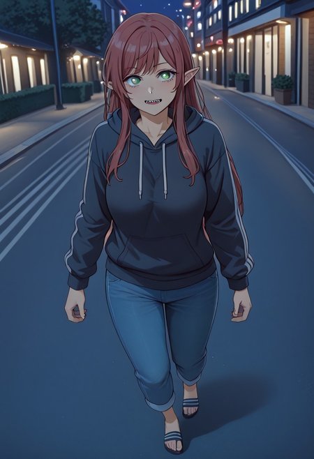 score_9, score_8_up, score_7_up, perfect eyes, partially illuminated, animification, Anime_source,  depth of field, (Masterpiece), Sono Bisque Doll wa Koi wo Suru - Marin Kitagawa, extremely detailed, legs, large breast, green eyes, perfect eyes, high resolution, sharp detail, dark red hairs, redhair, dark red hair, 1girl, fangs, sexy, long hair, pointy ears, good hands, anatomically correct, best quality, masterpiece, highly detailed face, highly detailed eyes, natural breasts, mature woman, correct anatomy, feet, perfect feet, perfect toes, jersey trousers, adilette sandals, blue adilette sandals, black hoodie, worried, looking at another, solo focus, ultra detailed eyes, full body, running in a Tokyo street, Tokyo night, night, ultra hd, highest score, 
BREAK, 
very colorful, (intense angle: 1.3), cowboy shot, dutch angle, <lora:minami-nanami-s1-ponyxl-lora-nochekaiser:0.6>