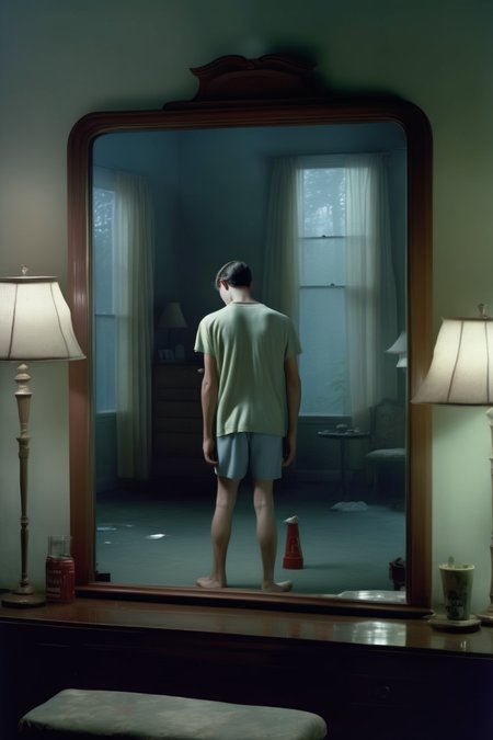 <lora:Gregory Crewdson Style:1>Gregory Crewdson Style - a male looking in a mirror, close up surreal photograph