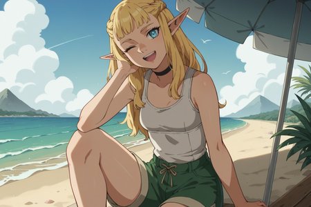 score_9, score_8_up, score_7_up, source_anime, 1girl, prefect lighting, very aesthetic, intricate details, highly detailed background, masterpiece, high quality, prefect hands, best quality, solo,
<lora:Pattadol_Dungeon_Meshi_V1:.85>, blonde hair, light blue eyes,  pointy ears, pointy nose, braid, long hair, 
green shorts, white tank top, black choker,
sitting one knee up, smile, one eye closed, open mouth, teeth, head tilt, 
beach, sunny, umbrella, palm tree, mountains, ocean, shoreline,
(Beautiful, small Breasts:1.2), natural breasts,