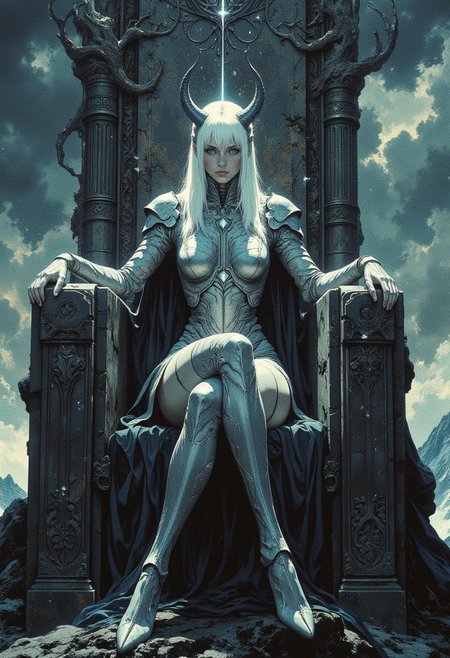 (digital artwork, hyper realistic, rough textures:1.2), nistyle, dark fantasy.
epic dramatic cinematic of a slender woman sitting on her huge throne. the stunning woman leans back, her slump and bored posture, almost manly, an understatement to her ultimate power.
she has long white hair cascading down her shoulders, straight and styled as middle parting.
she wears a delicate lightweight silver armor with tight white accents, the polished silver is unadorned and futuristic.
an soft ethereal glow radiates from the silver and her white hair. on her head a onyx crown, from the delicate base, two sinuous onyx horns grow. 
the chiseled stone throne placed on top of a mountain, set against a cloudy stormy sky, is enormous and brutal in appearance. ornaments of alien origin, otherworldly and evil, decorate it. the woman shines in an angelic glow while the scene overall is dim and lit by cold dramatic light, soft shadows enhance the ominous atmosphere of the cold and harsh environment.