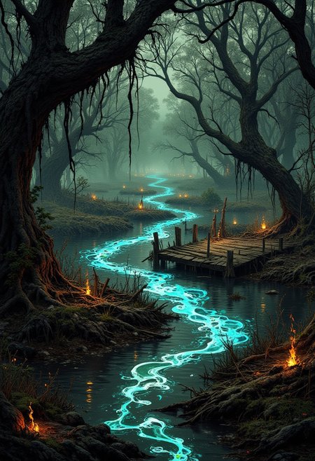 Dark and eerie swamp environment, dense twisted trees with gnarled branches reaching upward, faintly illuminated by a dull, diffuse light. A wooden, decayed platform with rope-bound wooden poles scattered among murky, shallow water. The ground is littered with decaying vegetation and debris. A glowing, ethereal blue map overlay with interconnected pathways, glowing orange and green markers. The atmosphere is moody, grim, and foreboding, with thick fog rolling through the swamp, blending with the muted, dark green and brown color palette. Subtle particle effects of sparks and glowing embers near the ground. Cinematic framing with a focus on the river, while the surrounding environment fades into shadow.