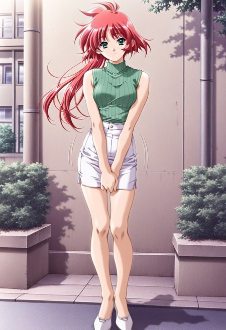 masterpiece, best quality, newest, highres, uncensored, 1girl, yokota mamoru style,motion lines,1girl,motion lines, anime coloring, green sweater, sleeveless, white skirt, pencil skirt, bare legs, white footwear, full body, standing, v arms, detailed background, outdoors, glitter, light smile, looking at viewer, solo,,Ogata Shizuka Again Version,Red Hair, Ponytail, Waist Length Hair,Green eyes