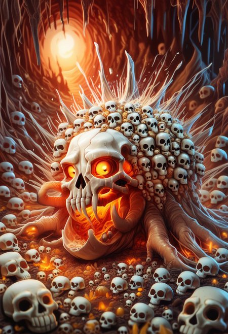 score_9,score_8_up,score_7_up, A skull on the ground, golden flowers around it, cave drawings made on the skull, top photo, slimes_skullwm, KRKNK