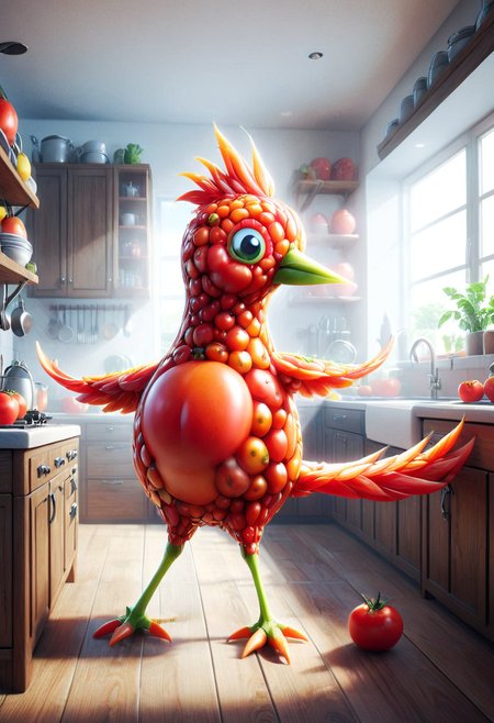 A Bird, mobe-tomamph,  3d like a pixar movie medium-shot, indoor, kitchen, masterpiece, absurdres, vibrant, dynamic angle, dynamic pose,  <lora:T0m4t0M0rph-V1:1>,